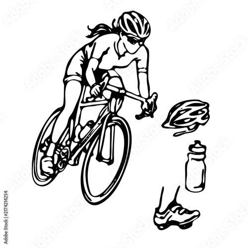 Vector line art illustration of woman riding road bicycle with sports gear including helmet, water bottle, and cycling shoes.