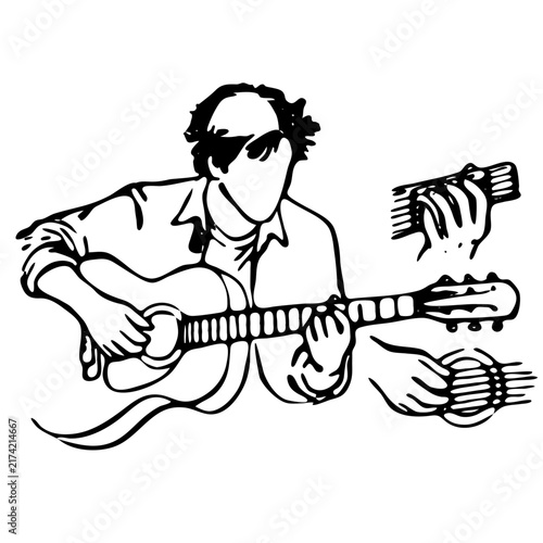 Hand drawn line art illustration of a man playing acoustic guitar with detailed hand positions on frets and strings.