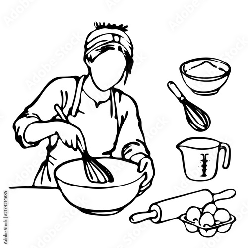 Vector line art illustration of woman whisking dough in a bowl with kitchen tools, eggs, rolling pin, and flour.