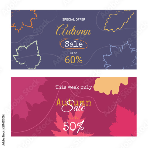 A set of horizontal banners for the autumn sale, featuring graphic elements in the form of outlines and silhouettes of leaves on contrasting purple and burgundy backgrounds
