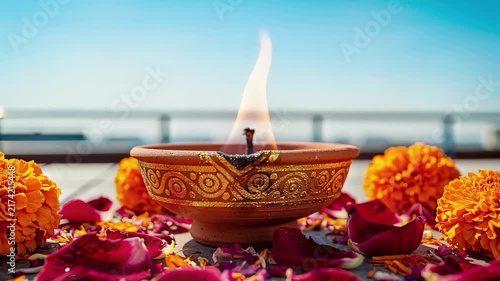 Ceramic Diya Lamp with Rose Petals for Karva Chauth Celebration