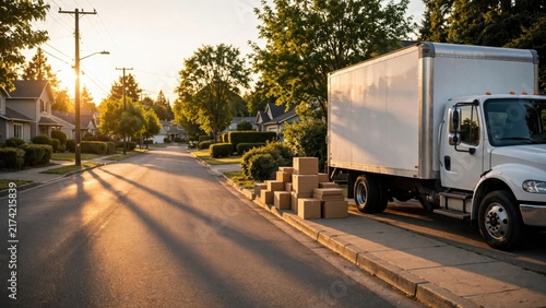 White truck parked on sunny suburban street with boxes on curb