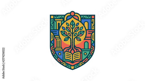 Colorful shield emblem featuring a stylized tree growing from an open book.