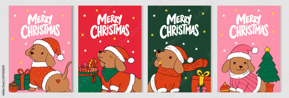 Fototapeta premium Merry Christmas and happy new year greeting card with cute dachshund puppy in winter costumes. Xmas design in trendy whimsical hand drawn style dog and decorated christmas tree banner, poster, covers.