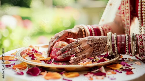 Close up of henna decorated hands resting during Karva Chauth ceremony