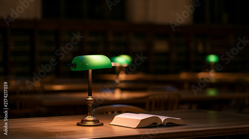 Classic vintage banker lamp illuminating an open book on a wooden desk inside a quiet dark library hall during evening study time