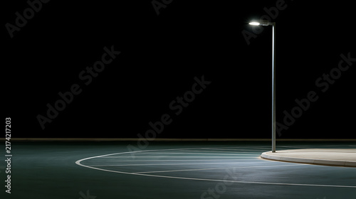A solitary street lamp illuminates a dark empty parking lot at night  casting a bright pool of light on the asphalt pavement surface