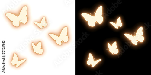 Foto Golden glowing butterflies flutter together in a magical swarm illuminating dark