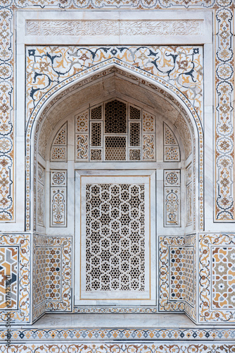 India. Uttar Pradesh. Agra. The Itimad-ud-Daulah Mausoleum, nicknamed the Baby Taj. Details of pietra dura inlays and marble jali