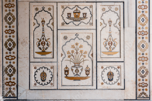 India. Uttar Pradesh. Agra. The Itimad-ud-Daulah Mausoleum, nicknamed the Baby Taj. Details of pietra dura inlays and marble jali