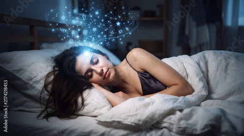 A woman lies in bed with a peaceful expression, surrounded by a glowing aura of thought bubbles and symbols.