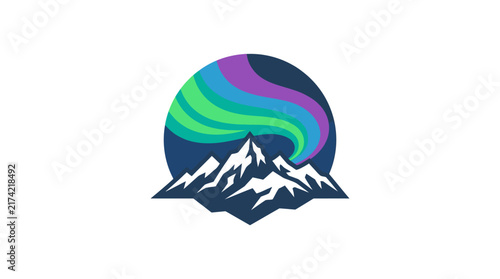 Minimalist mountain logo design with vibrant aurora borealis.