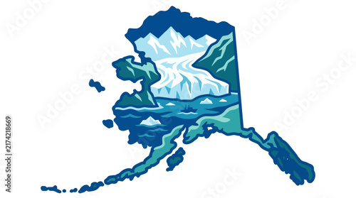 Stylized artistic map of Alaska featuring mountains and glaciers.
