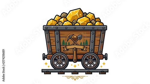 Vintage wooden mining cart filled with gold nuggets illustration.