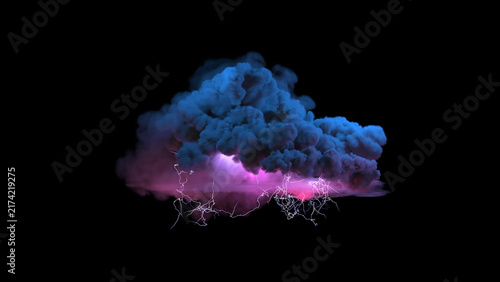 Glowing blue-purple cloud with bright white lightning bolts at its base on a black background.