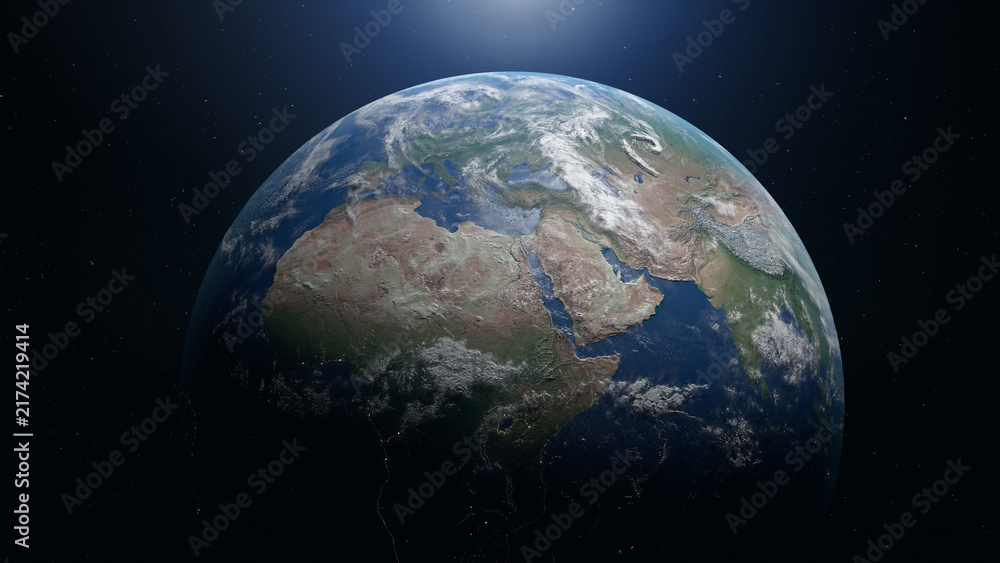 Fototapeta premium Earth viewed from space with sunlight illuminating Africa, Europe and Asia, clouds and city lights against a starry sky.