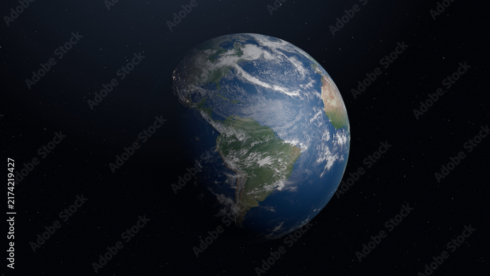 Fototapeta premium Earth viewed from space with the Americas visible, partly sunlit, surrounded by dark starry sky and scattered clouds.