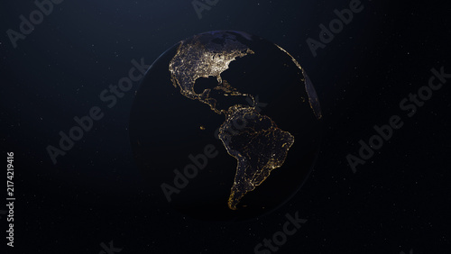 Earth viewed from space at night, showing illuminated North and South America with glowing city lights and starry sky.