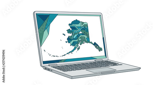 Laptop computer displaying an illustrated map of the state of Alaska on screen.