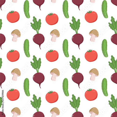 Vegetable seamless pattern tomato cucumber beet mushroom farm food background vector template
