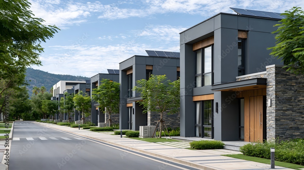 Fototapeta premium Modern affordable housing community with solar panels installed across every rooftop, neat residential streets, small gardens, utility infrastructure, blue sky and soft clouds, clean energy