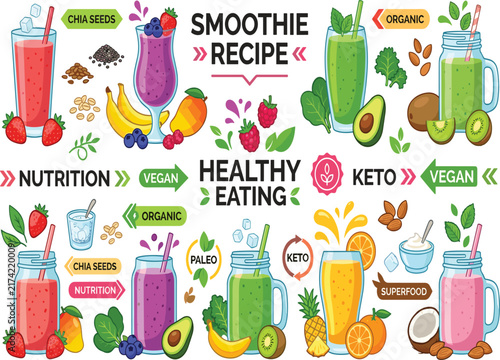 Healthy smoothie recipe collection with colorful fruit drinks and nutrition labels for vegan keto organic wellness lifestyle designs