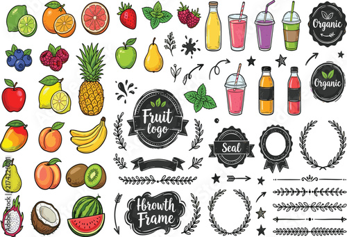 Hand drawn fruit branding collection with tropical produce juice bottles decorative badges and vintage farm market label elements