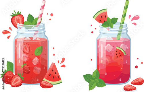 Strawberry watermelon fruit drinks in mason jars with mint leaves and straws refreshing summer beverage illustration design collection