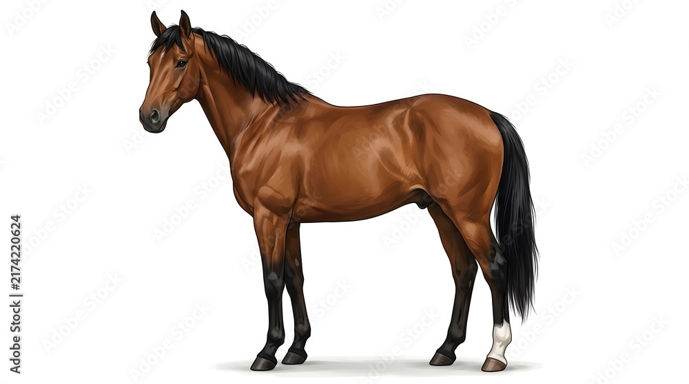 Obraz premium A beautiful bay horse standing in a full body profile view isolated against a clean white background for professional equestrian and animal photography projects