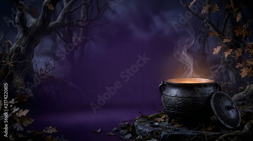 Spooky halloween cauldron with magical steam in a dark forest background scene