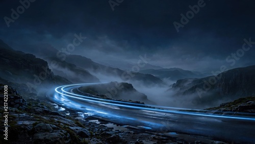Eerie twilight highway snakes through misty mountains, light trails streak, evoking journey