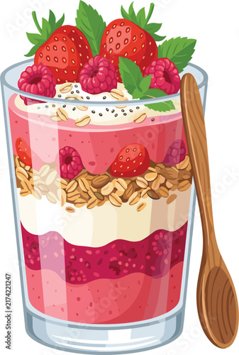 Strawberry yogurt parfait layered dessert with granola fresh berries cream and wooden spoon healthy breakfast food illustration design