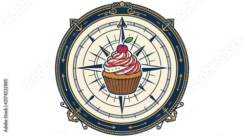 Decorative illustration featuring a cupcake centered inside a vintage nautical compass.