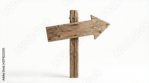 Old rustic wooden arrow sign post pointing to the right showing a way for travel or direction in a simple style