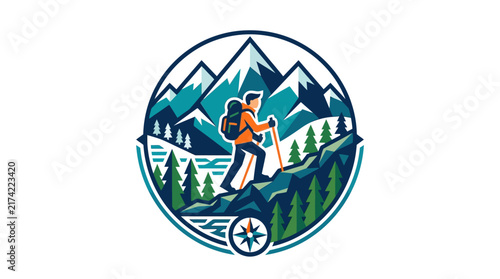Illustrated Hiker Walking Up Mountain Trail Emblem Design.