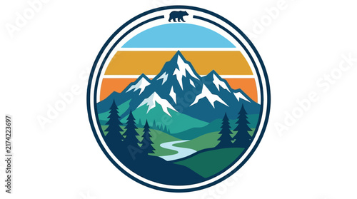 Retro badge design featuring majestic snow capped mountains and a river with a bear silhouette.