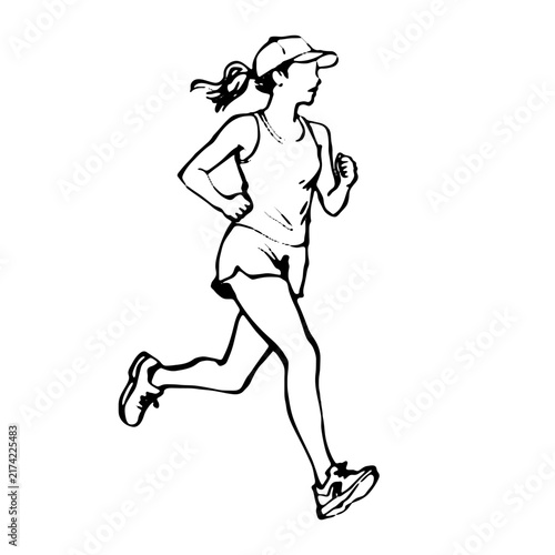 Black and white hand-drawn sketch illustration of an athletic woman with a ponytail and cap, running in stride.