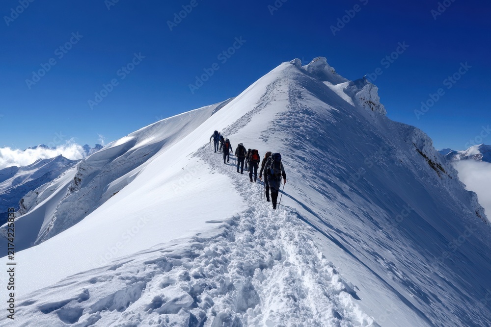 Obraz premium Mountaineers ascend a snow-covered peak under clear blue skies in the early morning light
