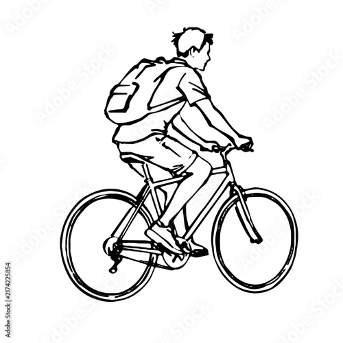 Line art illustration of a person riding a bicycle and wearing a backpack, hand-drawn black and white sketch.
