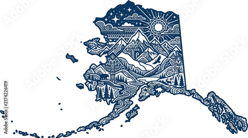 Stylized map of Alaska featuring intricate line art landscape illustration.