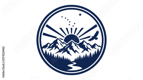 Circular mountain landscape emblem with rising sun and soaring eagle.