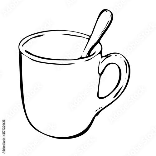 Simple hand-drawn black and white line art illustration of a ceramic mug filled with a beverage, with a spoon inside.