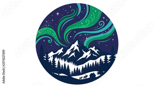 Stylized circular illustration of aurora borealis over snowy mountains and pine forest.