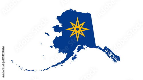 Graphic illustration of the Alaska state outline map filled with a blue color and a gold eight-pointed star emblem.