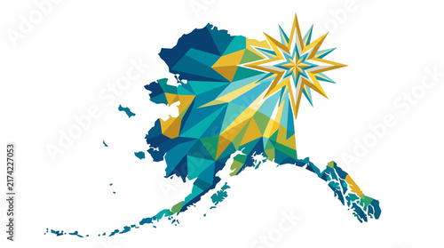 Abstract low poly geometric map of Alaska with compass star.