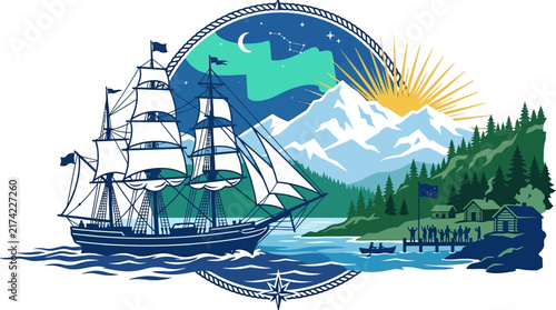 Vintage Tall Sailing Ship on Ocean Waters Illustration.