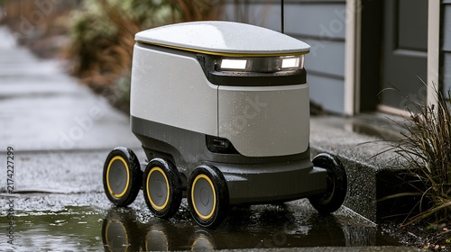 932. A candid photo of a robotic courier delivering a package to an urban doorstep in Seattle. Rainy day pavement, realistic wet synthetic casing on the robot, puddle reflections, natural street 