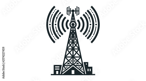 Black and white vector icon of a cellular communication tower with signal waves.