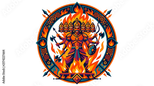 Ten headed demon king Ravana illustration in vibrant vector style.