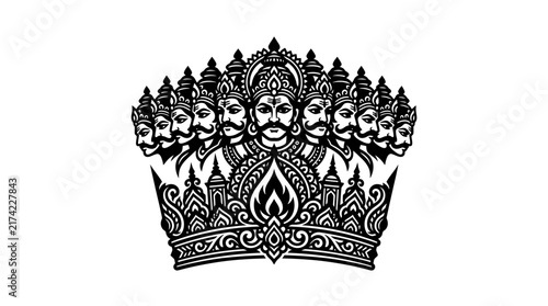 Illustration of Ravana with ten heads and ornate crown.